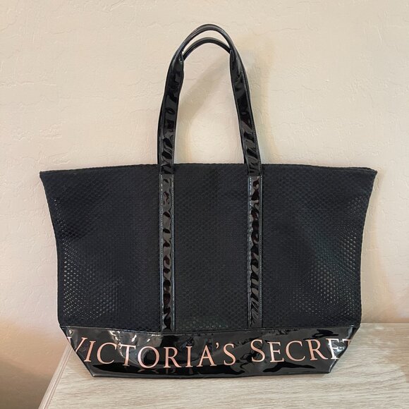 Victoria's Secret Tote Large Black Heavy Mesh Patent Rose Gold Logo Bag - Picture 1 of 4